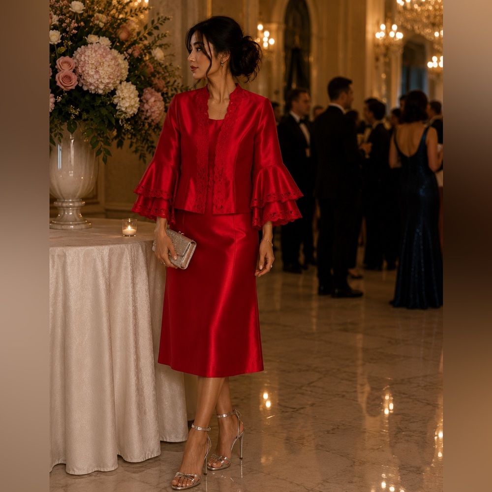 GMI 3 piece red  floral embroidered skirt suit church formal wedding 10‎ chic